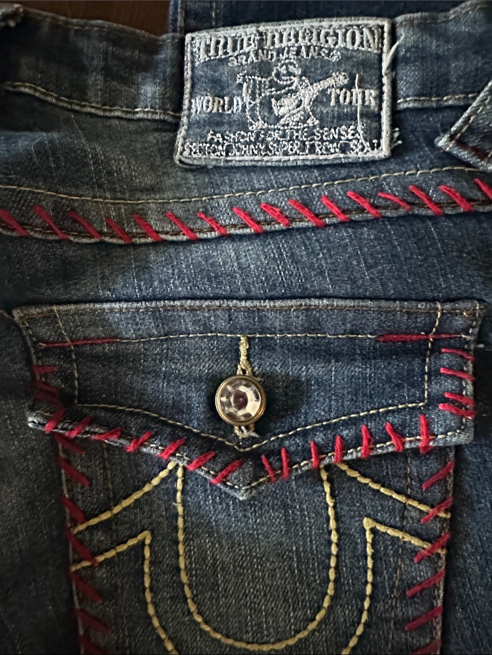 True Religion JOHNY SUPER T Women's Blue Denim Jeans with Red Whip Stitching 27